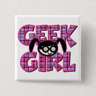 Plaid Geek Girl with Graphic Pinback Button