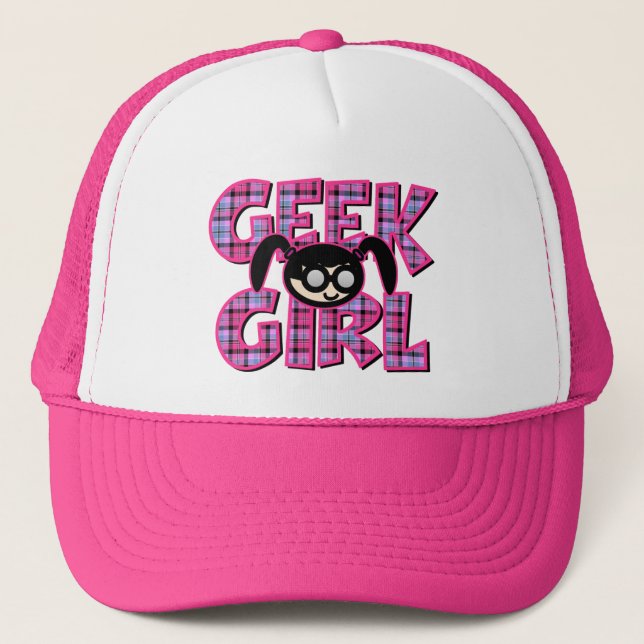 Plaid Geek Girl with Graphic Trucker Hat (Front)
