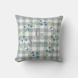 Plaid Gingham Country Farmhouse Name Berry Wreath Throw Pillow