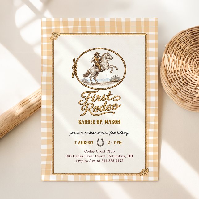 Plaid Gingham Cowboy First Rodeo 1st Birthday Invitation (Creator Uploaded)