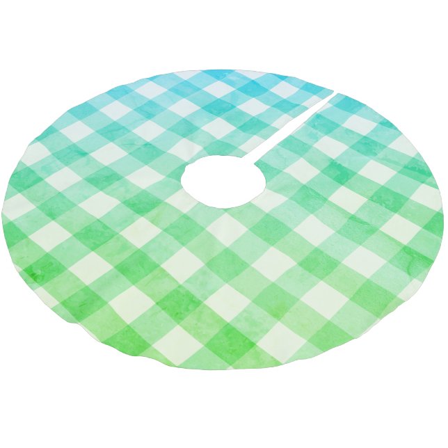 Plaid Gingham Lime Green Blue Modern Simple Check Brushed Polyester Tree Skirt (Angled)