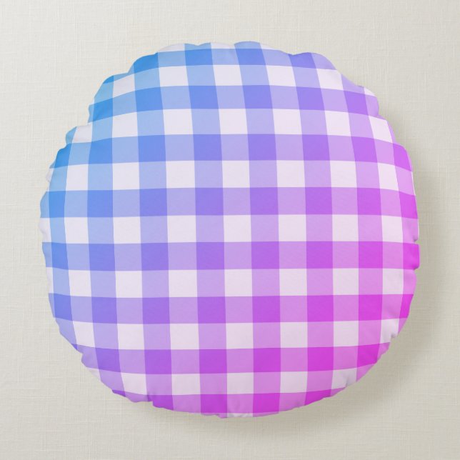 Plaid Gingham Pink Blue Modern Simple Check Round Pillow (Front)