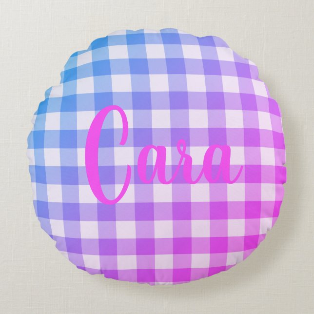 Plaid Gingham Pink Blue Modern Simple Name Round Pillow (Front)