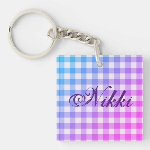 Plaid Gingham Pink Blue Modern Simple Purple Name Keychain