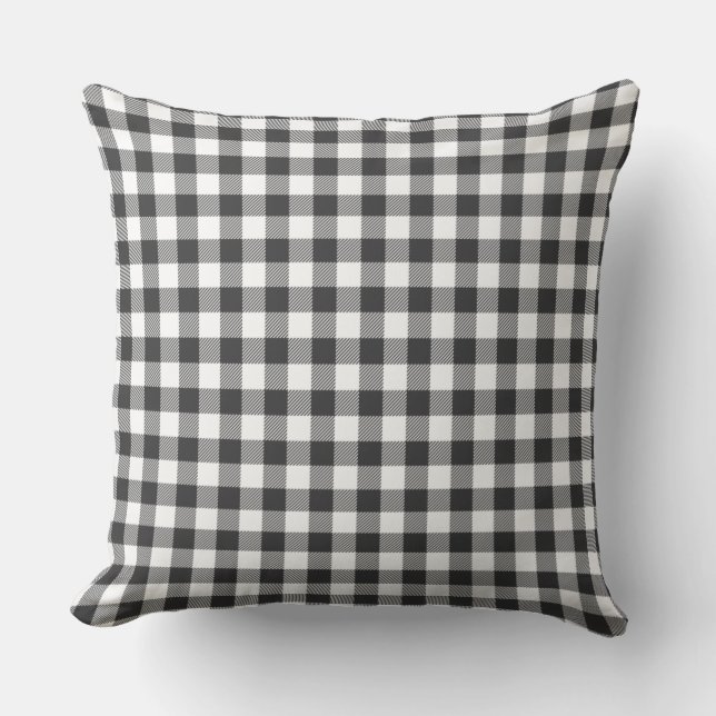 Plaid Gingham Rustic White Black Check Birthday Outdoor Pillow (Front)