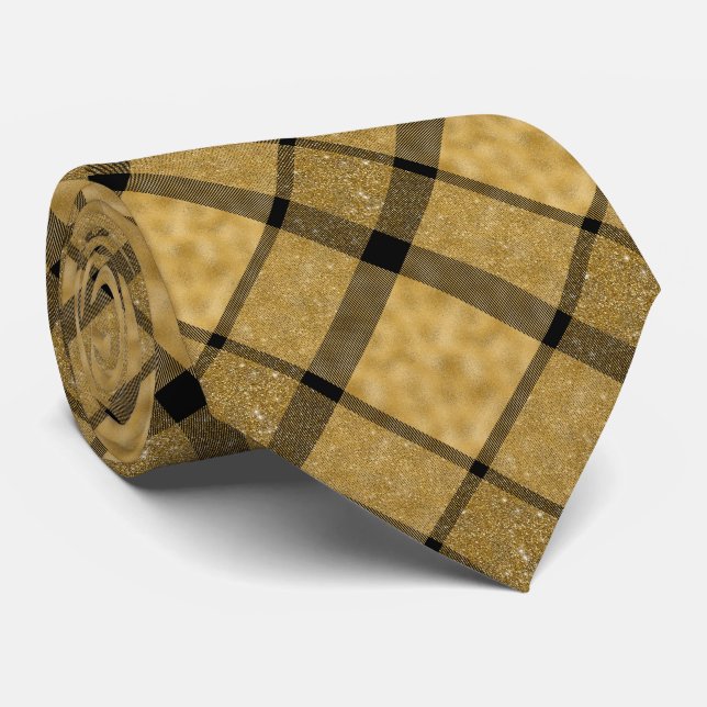  Plaid Glittery Gold and Black Elegant Neck Tie (Rolled)