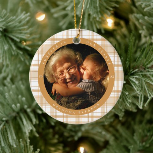 Plaid Gold Memorial Two Photo Ceramic Ornament