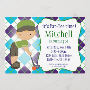 Plaid Golfer Boy Golf Birthday Party Invitation