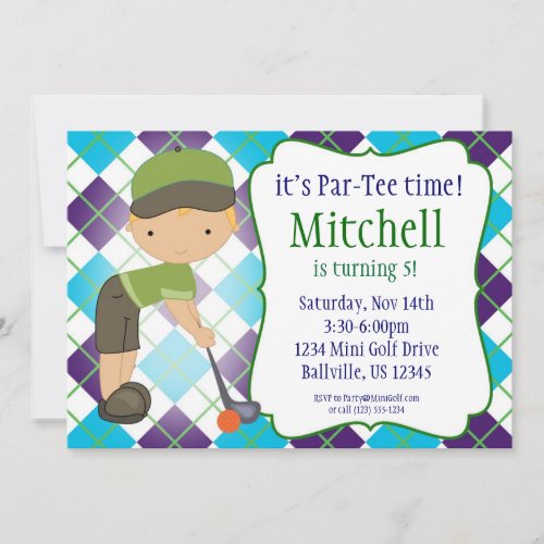 Plaid Golfer Boy Golf Birthday Party Invitation