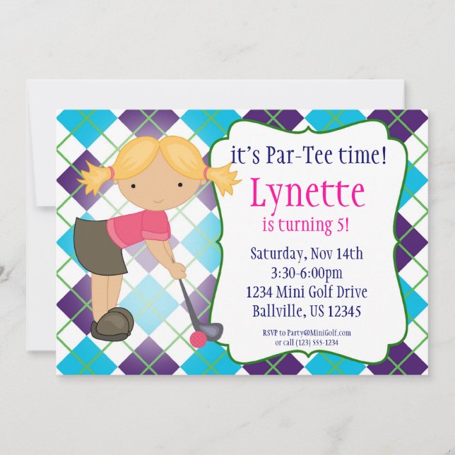 Plaid Golfer Girl Golf Birthday Party Invitation (Front)
