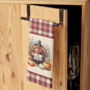 Plaid Gratitude – Thanksgiving Turkey with Pumpkin Kitchen Towel