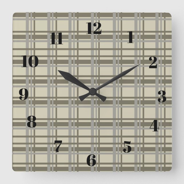 Plaid gray and cream square wall clock (Front)
