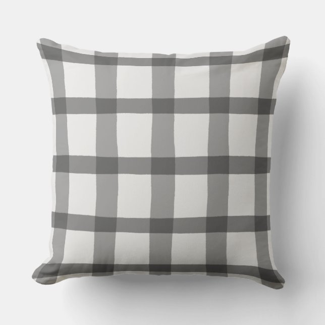 Plaid Gray and White Buffalo Check Gingham Rustic Outdoor Pillow (Front)