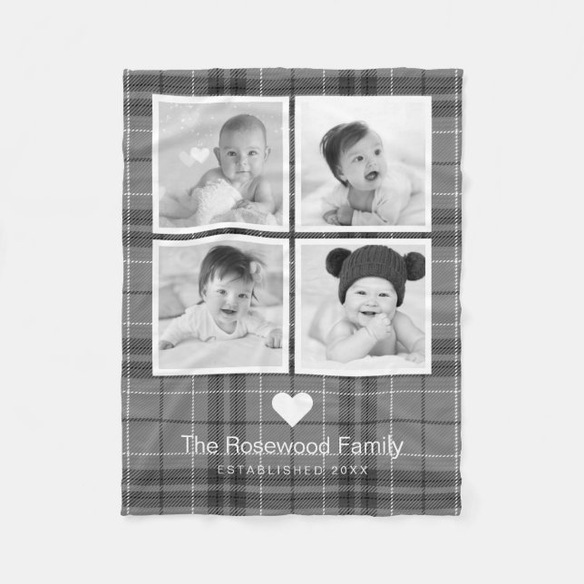 Plaid Gray Family Photo Collage Personalized Fleece Blanket (Front)