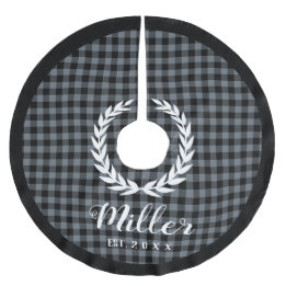Plaid Gray Holiday Name + Year Christmas Brushed Polyester Tree Skirt