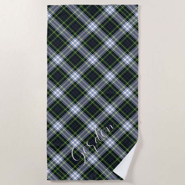 Plaid Green and White Pattern Gordon Tartan Beach Towel (Front)