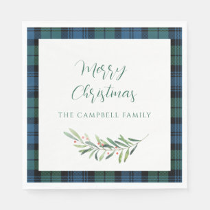 Plaid Green Blue Christmas Holiday Tartan Paper Napkins