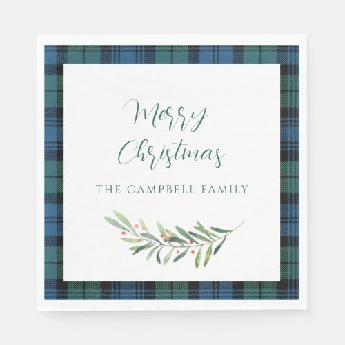 Plaid Green Blue Christmas Holiday Tartan Paper Napkins