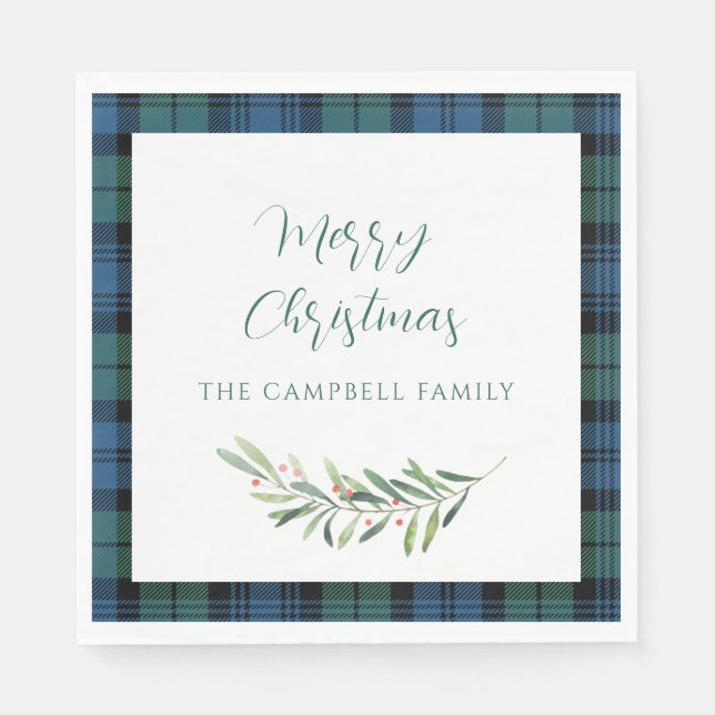 Plaid Green Blue Christmas Holiday Tartan Paper Napkins (Front)