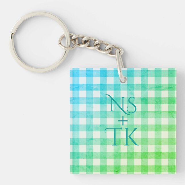 Plaid Green Blue Ombré Modern Simple Initials Keychain (Front)
