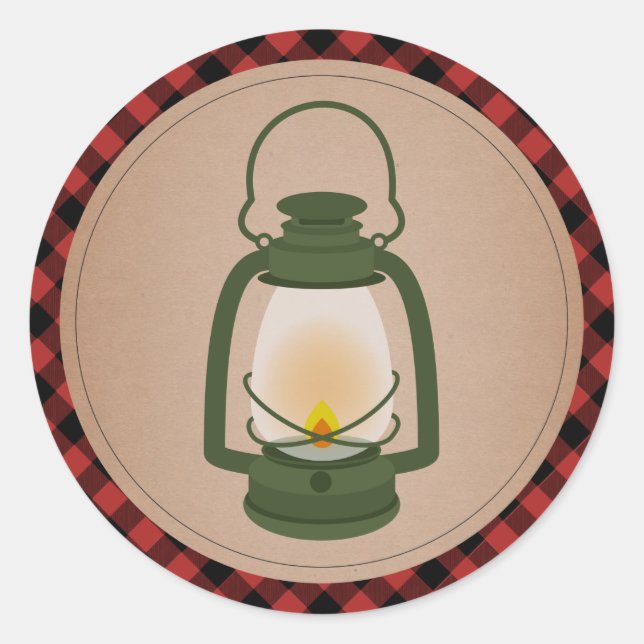 Plaid Green Camping Lantern Classic Round Sticker (Front)