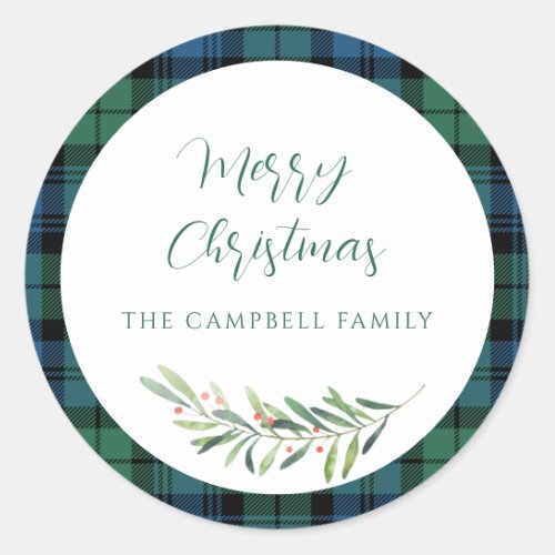 Plaid Green Check Christmas Holiday Tartan Classic Round Sticker