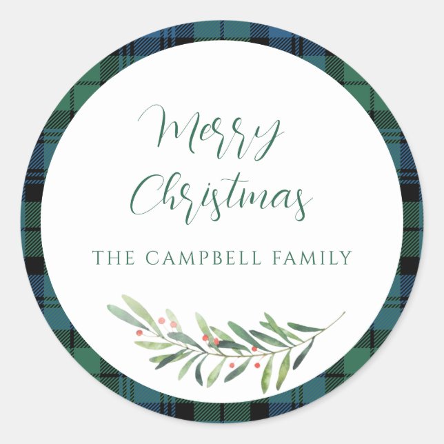 Plaid Green Check Christmas Holiday Tartan Classic Round Sticker (Front)
