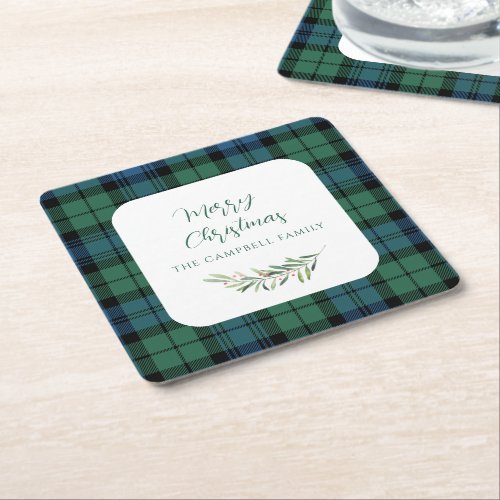 Plaid Green Check Christmas Holiday Tartan Square Paper Coaster