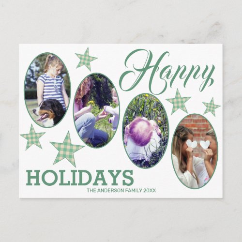 Plaid Green Cream Stars 4 Photo Happy Holidays Postcard