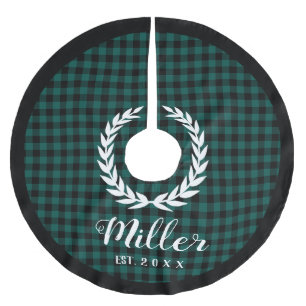 Plaid Green Holiday Name + Year Christmas Brushed Polyester Tree Skirt