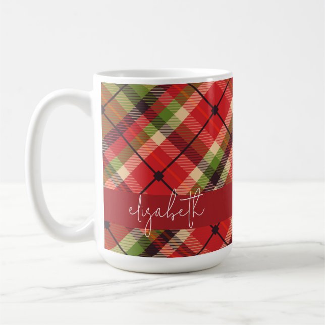 Plaid Green Red Gold Personalized  Coffee Mug (Left)