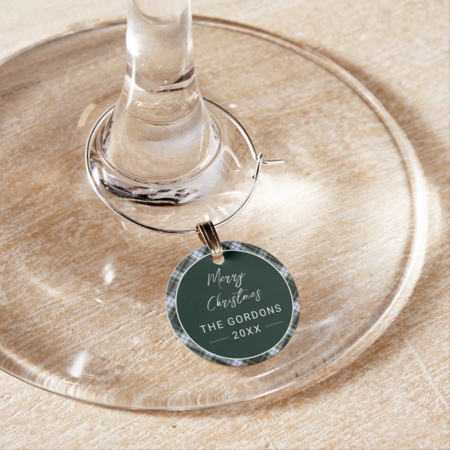 Plaid Green Rustic Clan Gordon Tartan Holiday Wine Charm (In Situ)