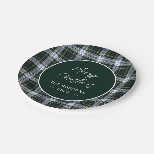 Plaid Green Script Rustic Clan Gordon Tartan Paper Plates (Angled)