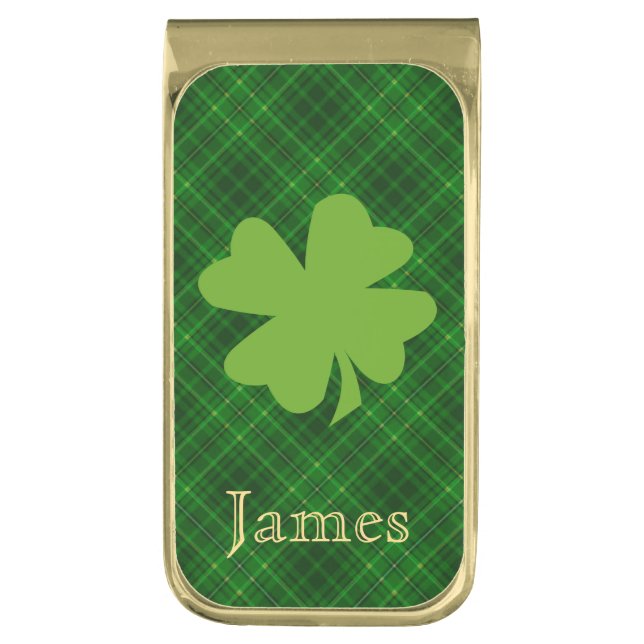 Plaid Green Shamrock Personalized Gold Finish Money Clip (Front Vertical)