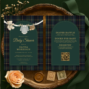 Plaid Green Teddy Bear All in One Baby Shower Invitation