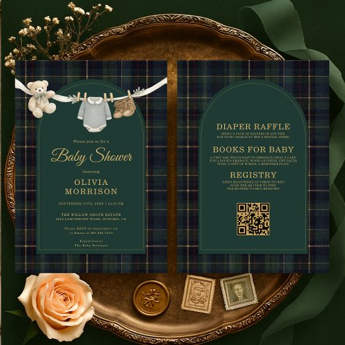Teddy Bear Green Gingham or plaid baby shower invitation