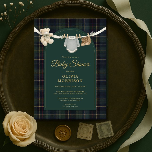 Plaid Green Teddy Bear Clothesline Baby Shower Invitation (Creator Uploaded)