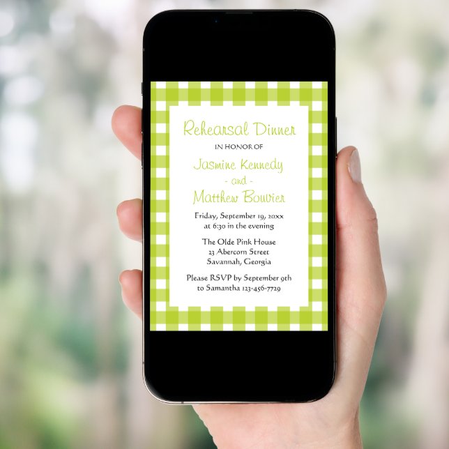 Plaid Green White Gingham Country Rehearsal Dinner Invitation (Front Digital)
