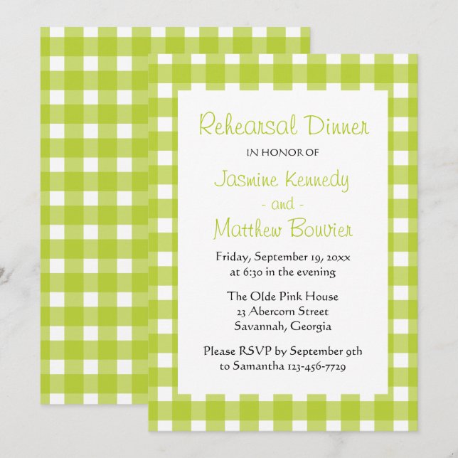 Plaid Green White Gingham Country Rehearsal Dinner Invitation (Front/Back)