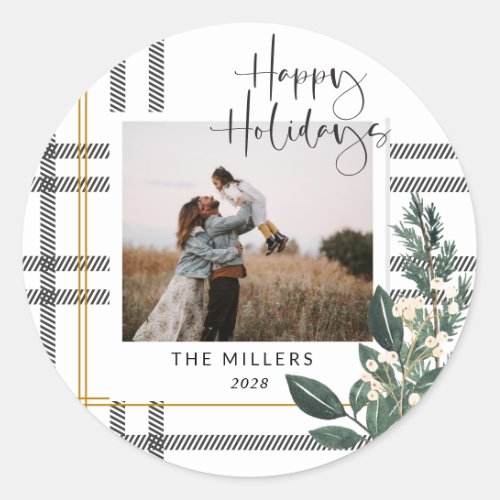 Plaid Greenery Rustic Christmas Photo Classic Round Sticker