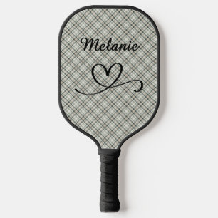 Plaid Greens and Beige Heart Pickleball Paddle