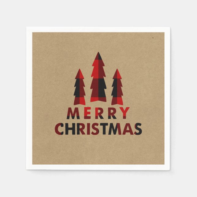 Plaid Happy Holidays Christmas Trees Plaid Kraft Napkins (Front)
