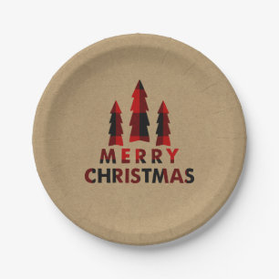 Plaid Happy Holidays Christmas Trees Plaid Kraft Paper Plates