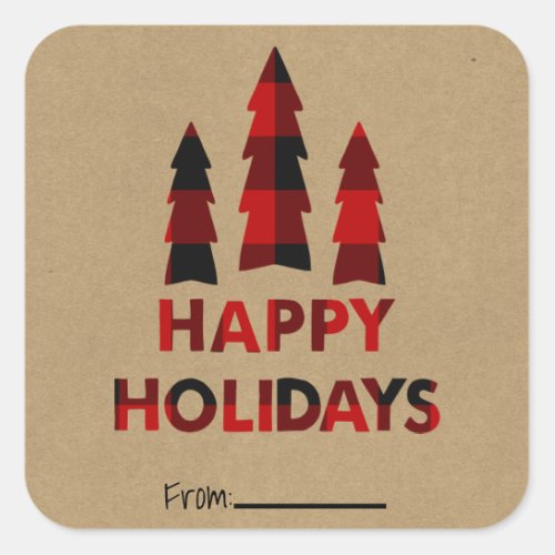 Plaid Happy Holidays Christmas Trees Plaid Kraft Square Sticker