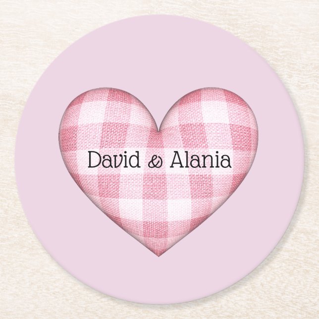 Plaid Heart 3D with Couple Names Round Paper Coaster (Front)