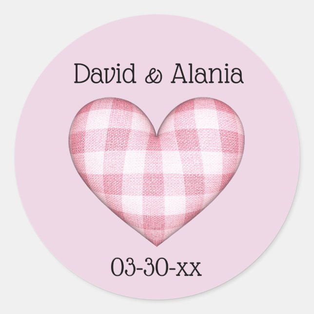 Plaid Heart 3D with Names and Date Classic Round Sticker (Front)