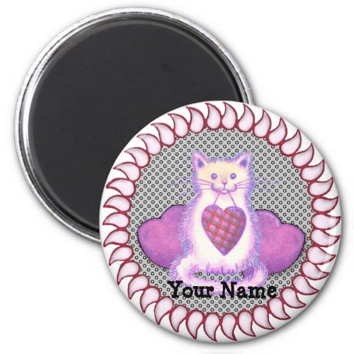 Plaid Heart Cat custom name magnet
