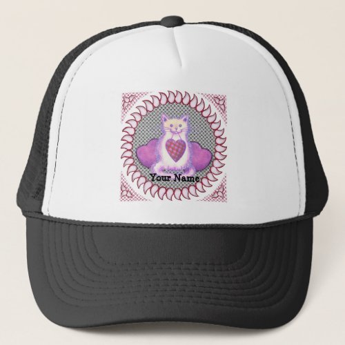 Plaid Heart Cat custom name Trucker Hat