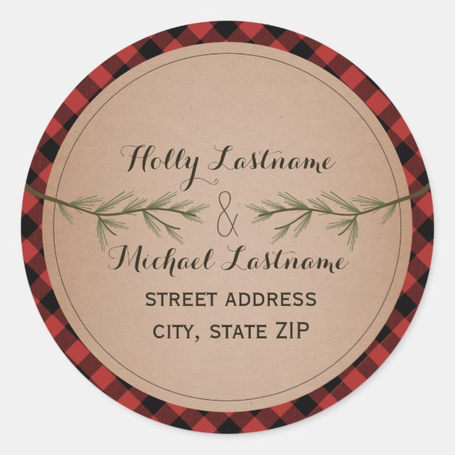 Plaid Heart With Evergreen Branches Address Classic Round Sticker (Front)