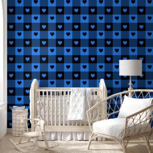  Plaid  Hearts Cute Fun Black  Blue Boys Nursery Wallpaper